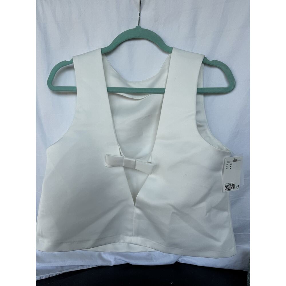 H&M White Bow Front Linen Crop Top Sz Med Sleeveless V Neck Minimalist Y2K